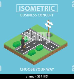 Businessman standing in front of crossroad, Flat 3d web isometric infographics design, VECTOR, EPS10 Stock Vector
