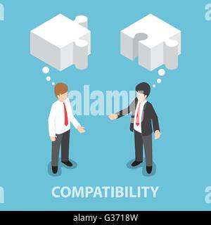 Isometric businessman in conversation with blank speech jigsaw shape, compatibility, collaboration, joint efforts concept Stock Vector