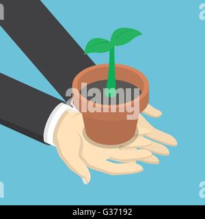 Isometric businessman holding sprout or little plant in his hands, business growth, ecology concept, VECTOR, EPS10 Stock Vector