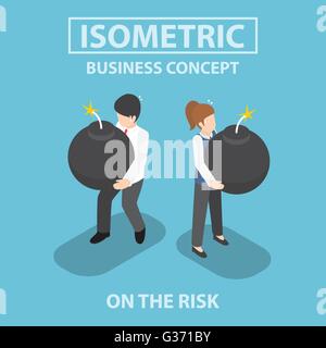 Isometric business people holding heavy bomb on their hands, risk , crisis, concept, VECTOR, EPS10 Stock Vector