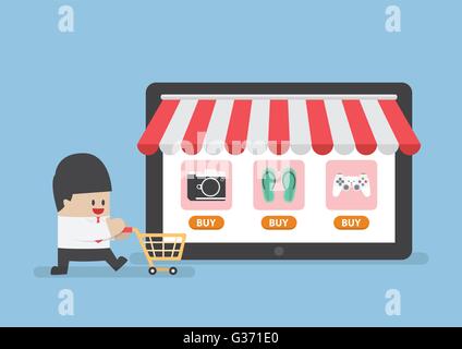 Businessman with shopping cart in front of online store, VECTOR, EPS10 Stock Vector