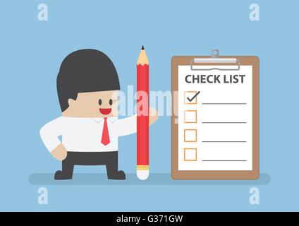 Businessman holding pencil with clipboard and checklist, VECTOR, EPS10 Stock Vector