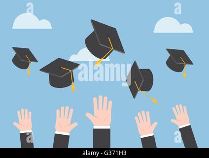 Businessman hands throwing graduation hat in the air, VECTOR, EPS10 Stock Vector