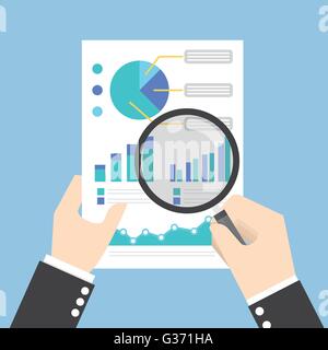 Businessman hands holding a magnifying glass and analysing the data, Data analysis concept, VECTOR, EPS10 Stock Vector