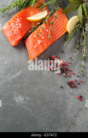 Fresh trout fillet sprinkled with herbs and spices on stone surface with copy space Stock Photo