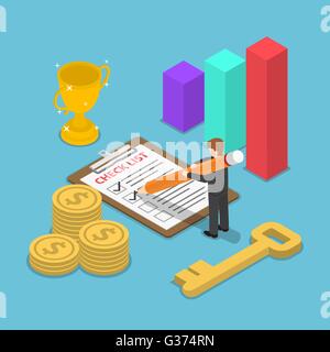 Isometric businessman checking mark on checklist with growth graph, winnner trophy, key to success and dollars coin Stock Vector