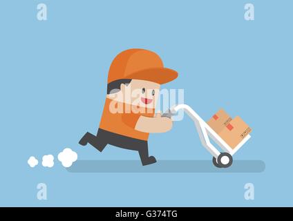 Delivery man delivering cardboard boxes by cart, delivery service, logistics management, fast shipping concept Stock Vector