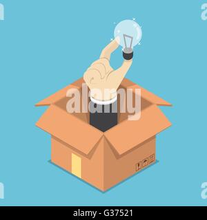 Isometric businessman hand holding light bulb of idea sticking out from the cardboard box, think outside the box concept Stock Vector
