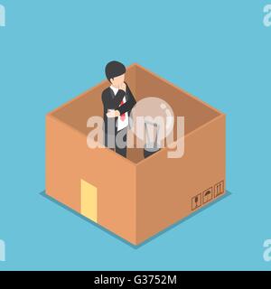 Isometric businessman with light bulb of idea inside the paper box, think inside the box, business idea concept Stock Vector