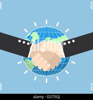 Business handshake with earth globe on background, partnership, international business concept, VECTOR, EPS10 Stock Vector