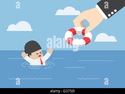 Drowning businessman getting lifebuoy from big hand, helping business survive, support concept, VECTOR, EPS10 Stock Vector