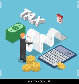 Isometric businessman calculate document for taxes with calculator, cash and coin, calendar, tax payment concept Stock Vector