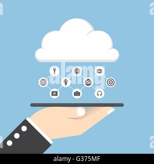 Businessman hand holding tablet and share data on cloud, cloud computing concept Stock Vector