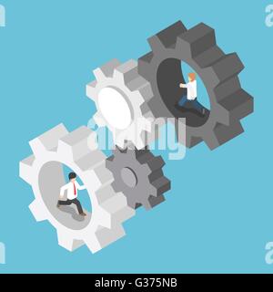 Isometric businessman running inside the gear, teamwork, business mechanism system concept, VECTOR, EPS10 Stock Vector
