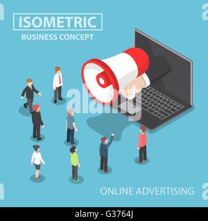 Isometric businessman hand with loudspeaker sticking out from laptop with people, social media marketing, online advertising con Stock Vector