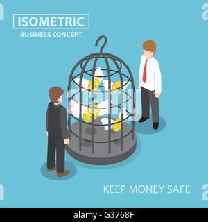 Isometric flying dollar trapped in bird cage, keeping money safe, saving money, financial concept, VECTOR, EPS10 Stock Vector