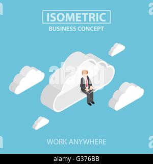 Isometric businessman sitting on cloud and working on laptop, success, freedom, cloud computing concept VECTOR, EPS10 Stock Vector