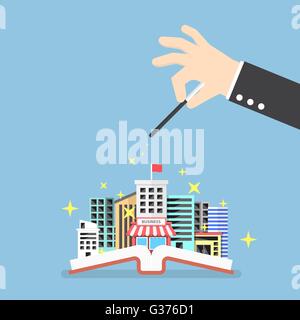 Businessman hand use magical to build city from opened book,  creativity, education knowledge concept, VECTOR, EPS10 Stock Vector
