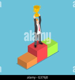 Isometric businessman standing on pedestal and holding trophy, business success, winner concept, VECTOR, EPS10 Stock Vector