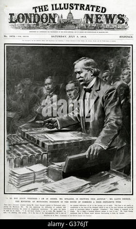 David Lloyd George, (1863 - 1945), Minister of Munitions at the time,  exhibits a high-explosive fuse  in the House of Commons.      Date: 1915 Stock Photo