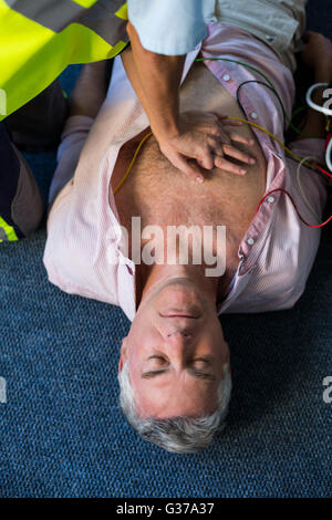 Paramedic using an external defibrillator during cardiopulmonary resuscitation Stock Photo