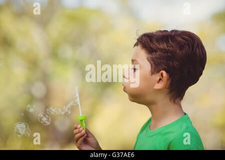 Young boy blowing bubbles through bubble wand Stock Photo