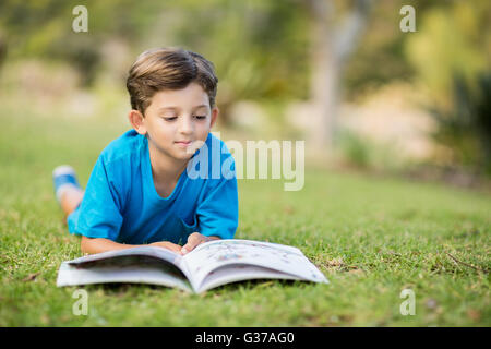 Young boy reading book in park Stock Photo