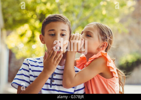 Girl whispering a secret in boys ear Stock Photo