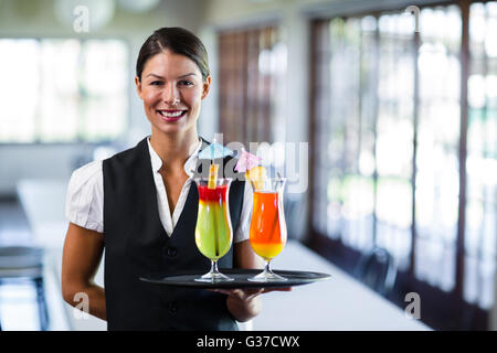 Portrait of smiling waitress serving cocktai Stock Photo