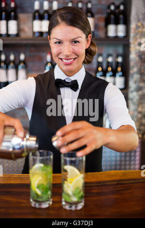 Portrait of bartender pouring a drink from a shaker to a glass on bar counter Stock Photo