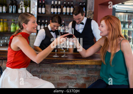 Happy woman toasting a red wine glass at bar counter Stock Photo
