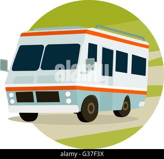 RV in mountains on a circle, travel icon Stock Vector