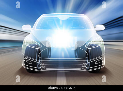 design of advanced car and wheels rushes on road with high speed Stock Photo