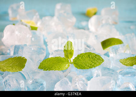 Ice cubes and fresh mint leaves abstract background on blue boards Stock Photo