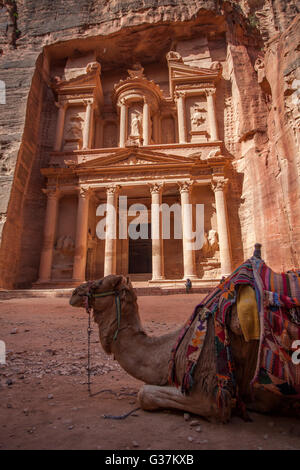 The 'Treasury' (Al Khazneh), a Nabatean Tomb in the archaeological site of Petra, also known as the 'Rose City', Jordan.