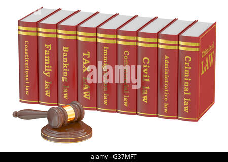 Wooden Gavel and Law Books, 3D rendering isolated on white background Stock Photo