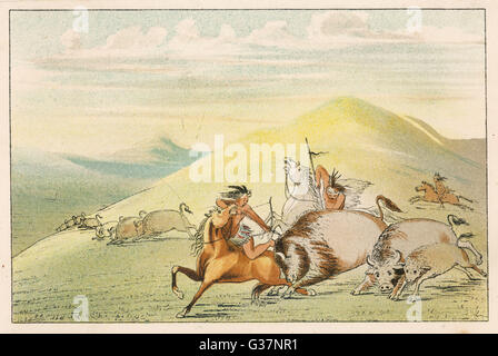 Native American Sioux Hunting Buffalo on Horseback.     Date: circa 1830 Stock Photo