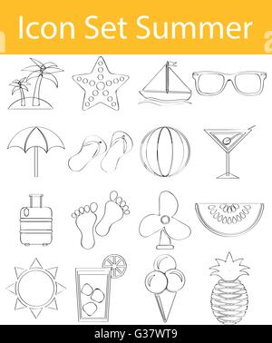 Drawn Doodle Lined Icon Set Summer with 16 icons for the creative use in graphic design Stock Vector