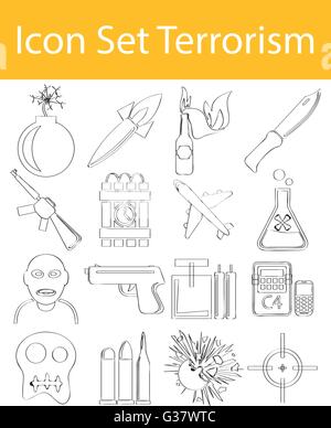 Drawn Doodle Lined Icon Set Terrorism with 16 icons for the creative use in graphic design Stock Vector