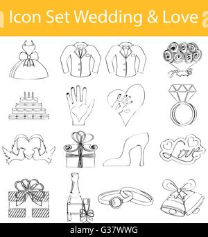 Drawn Doodle Lined Icon Set Wedding and Love with 16 icons for the creative use in graphic design Stock Vector