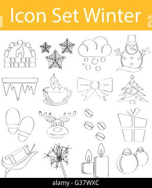Drawn Doodle Lined Icon Set Winter with 16 icons for the creative use in graphic design Stock Vector