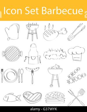 Drawn Doodle Lined Icon Set Barbecue with 16 icons for the creative use in graphic design Stock Vector