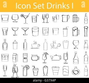 Drawn Doodle Lined Icon Set Drinks I with 45 icons for the creative use in graphic design Stock Vector