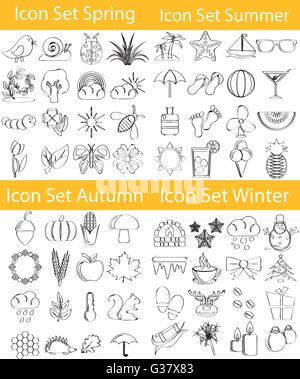 Drawn Doodle Lined Icon Set Four Seasons with 64 icons for the creative use in graphic design Stock Vector