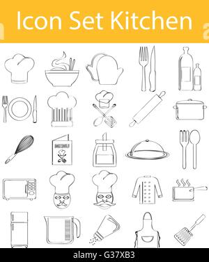 Drawn Doodle Lined Icon Set Kitchen with 25 icons for the creative use in graphic design Stock Vector