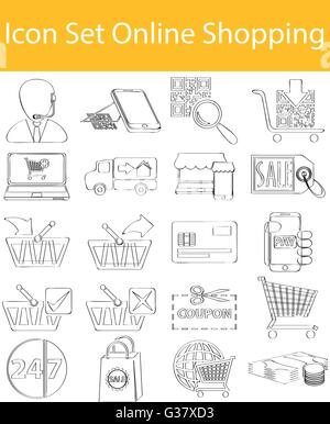 Drawn Doodle Lined Icon Set Online Shopping with 20 icons for the creative use in graphic design Stock Vector