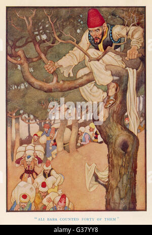 Ali Baba counts the thieves from his tree perch Stock Photo