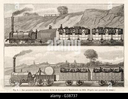 Trains on the Liverpool and Manchester Railway, 1832-1833. Artist: SG ...