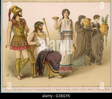 Various Ancient Greek costumes; left to right - philosopher, citizen ...