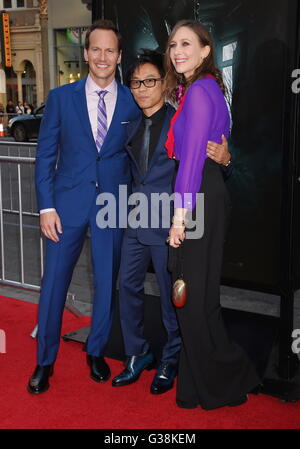 Hollywood, California. 7th June, 2016. HOLLYWOOD, CA - JUNE 07: (L-R) Actor Patrick Wilson, writer/director/producer James Wan and actress Vera Farmiga attend the premiere of 'The Conjuring 2' during the 2016 Los Angeles Film Festival at TCL Chinese Theatre IMAX on June 7, 2016 in Hollywood, California. | Verwendung weltweit © dpa/Alamy Live News Stock Photo